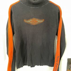 VTG HARLEY-DAVIDSON Womens Turtleneck Knit Black & Orange Logo Stripes Sz XL